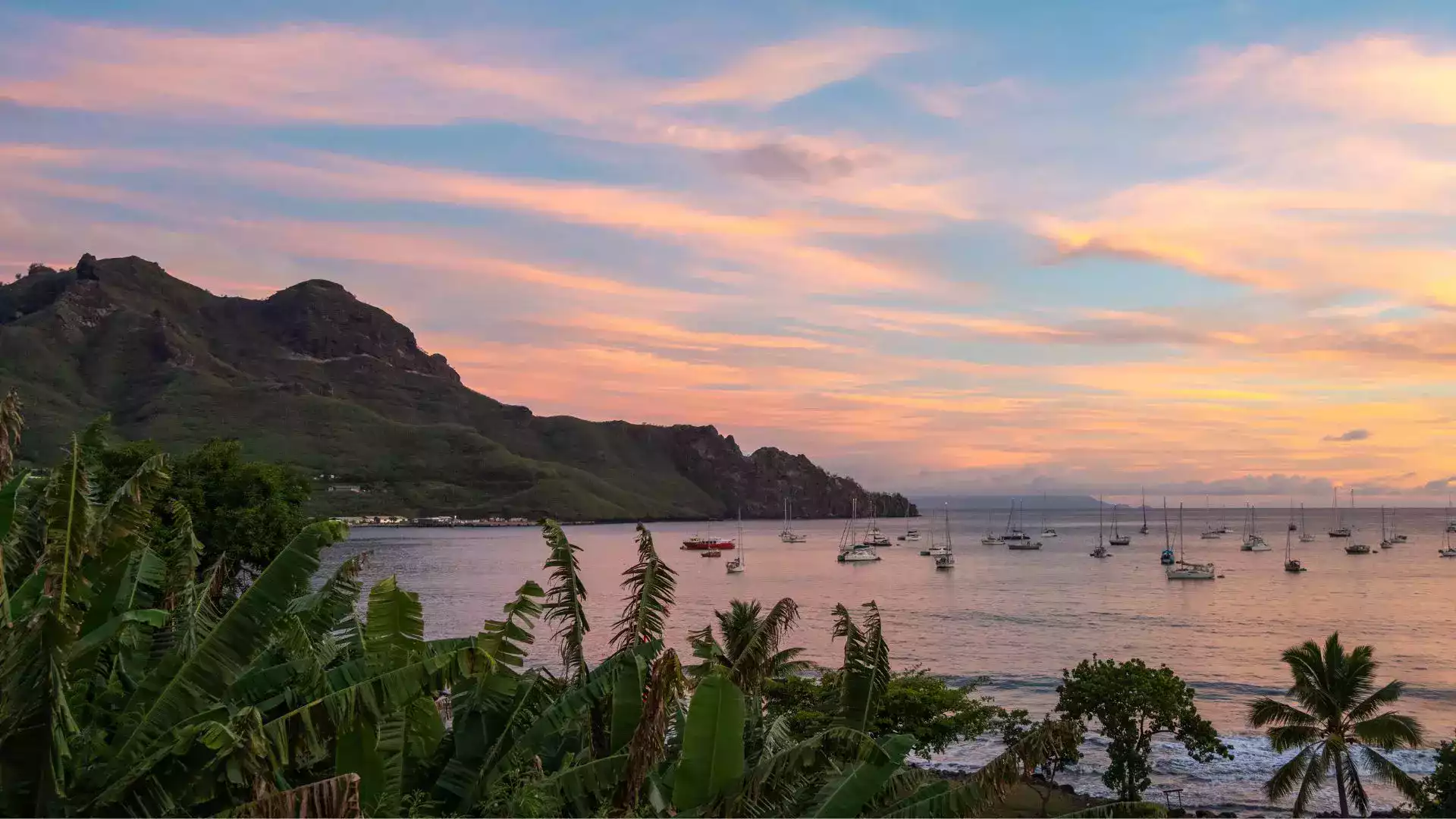 Taiohae Bay sunset sailboats Nuku Hiva Marquesas