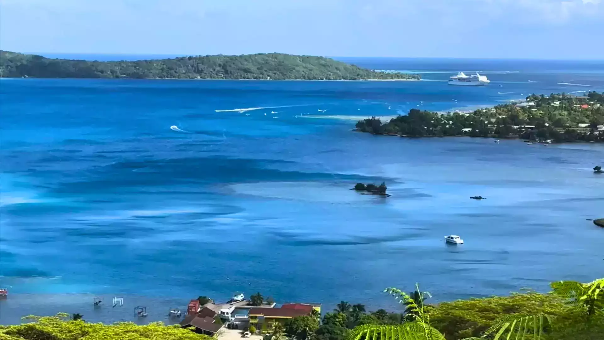 Paul Gauguin cruise ship anchored in Bora Bora lagoon