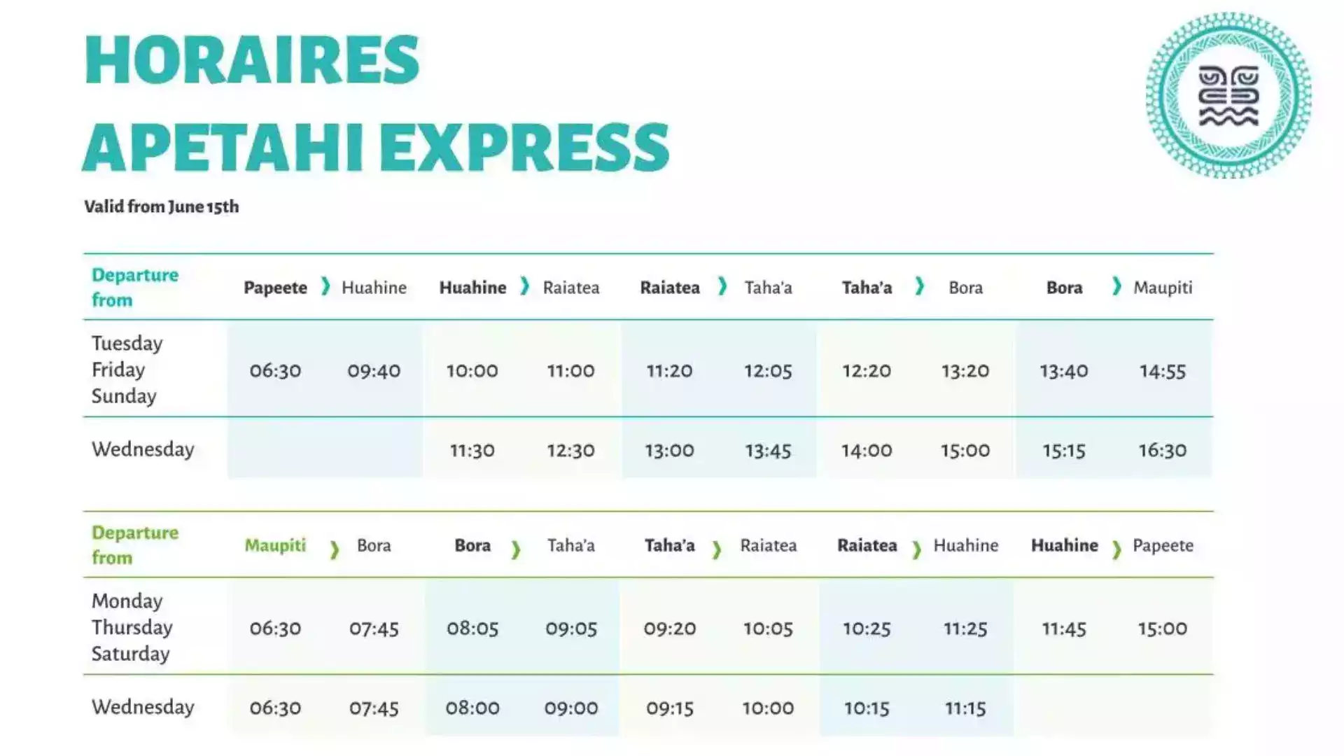 Apetahi Express ferry schedule 2026 French Polynesia timetable